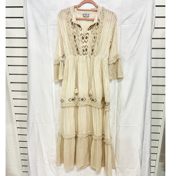 NJ Couture Embroidered Striped Tassel Tiered Ruffle Maxi Dress Cream Beige S / M - Picture 1 of 7